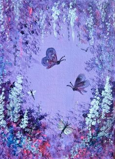 an abstract painting with butterflies and flowers in the center on a purple background that looks like something out of space