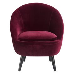 a purple chair with black legs and a round seat that has a dark wood base