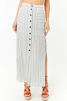 Striped Button-Front Maxi Skirt - Cream/Black  A woven maxi skirt featuring an allover striped pattern, front slanted pockets, button front, slits at the sides, partially elasticized waist, a front slit, woven partial lining, and a flowy silhouette. Shop Dresses, Summer Clothes, Dress Shop, What To Wear, Summer Outfits, Shirt Dress, Latest Trends