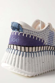 Blue Nama embroidered suede and recycled mesh sneakers | CHLOÉ | NET-A-PORTER Sports Fashion Design, Travel Sneakers, Shoe Sketches, Industrial Design Trends, Sneaker Design, Chloe Shoes, Shoe Design, Learning Platform, Brown Sneakers