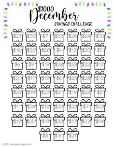 a printable christmas calendar with presents on it and the words, december savings challenge