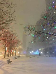 a city street covered in snow with christmas lights on trees and people walking down the sidewalk