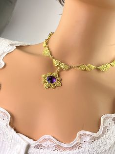 14K Solid Gold Amethyst Necklace Designer Filigree Floral - Etsy Elegant Gold Amethyst Necklace, Vintage Gold Amethyst Necklaces, Gold Amethyst Bohemian Necklace, Bridal Gift Box, Collectible Amethyst Purple Necklace, Ornate Amethyst Pendant Necklace, Blue Topaz Necklace, Fine Silver Jewelry, Bridal Gift