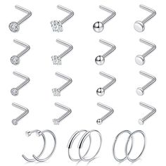 PRICES MAY VARY. 【L Shape, 20 gauge, Total 22PCS Nose Rings Studs Set】 ✪ 6PCS Nose Ring Hoops: 20 gauge (0.8mm), inner diameter is 5/16" (8mm) ✪ 16PCS Nose Studs: 20 gauge (0.8mm), length 7mm. 【316L Surgical Stainless Steel, Hypoallergenic, Nickle Free】Made from medical grade steel, the nose ring pack are good for sensitive skins. They do not tarnish or rust. The surface of the studs and hoops are smoothly polished, very comfortable to wear. 【4 Styles of L Nose Studs, 3 Styles of Nose Hoops】 For Studs Nose Piercing, Titanium Nose Stud, Rings Pack, Nostril Piercing, Piercing Kit, Nose Piercing Jewelry, Nose Studs, Body Jewelry Piercing, Nose Rings Hoop