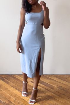 This beautiful delicate blue midi dress is the perfect combination of elegance and femininity. Featuring an elegant bodycon body, the cutouts are just the right balance of being feminine and sensual and not too tacky. Light Blue Fitted Midi Mini Dress, Fitted Light Blue Midi Mini Dress, Spring Backless Bodycon Midi Dress, Spring Bodycon Backless Midi Dress, Spring Mini Bodycon Dress With Side Slits, Blue Backless Midi Dress For Night Out, Chic Light Blue Backless Dress, Blue Fitted Dress With Side Slits, Bodycon Midi Dress With Cutout Back For Evening