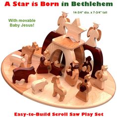 a wooden toy set with animals and stars on the top, in front of an advertisement for