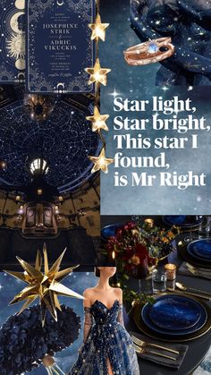 a collage of photos with gold stars and blue paper on it, including the words starlight, star bright, this star i found is mr right