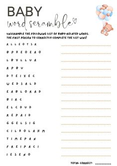 baby word scramble printable game with teddy bear and balloons in the sky on it