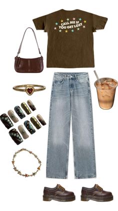 Ice chai latte, gold Jewelry, back to school fit, brown outfit, nail inspo, library fit, study fit Brown And Gold Outfit, Iced Chai Latte, Iced Chai, Back To School Fits, School Fit, Gold Outfit, Outfit Collage, Brown Outfit, Chai Latte