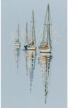 three sailboats floating in the water on a sunny day cross stitch pattern by numbers