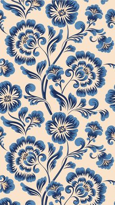 a blue and white wallpaper with flowers on it