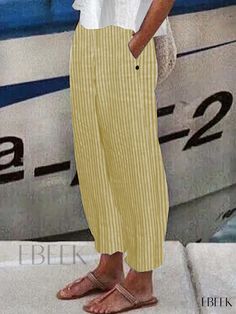 Ebeek - Womens Casual Loose Pants with Dual Pockets - Stylish and Comfortable All-Season Wear Striped Beach Pants With Pockets, Yellow Summer Pants With Pockets, Non-stretch Striped Summer Pants, Striped Non-stretch Bottoms For Beach, Striped Bottoms With Side Pockets For Spring, Striped Bottoms With Pockets For Vacation, Striped Vacation Bottoms With Pockets, Casual Striped Pants For The Beach, Baggy Striped Pants With Pockets