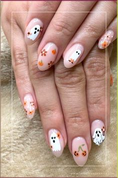 Want to stand out this Halloween while keeping things chic? Our collection of 55 trendy ghost nail designs perfectly balances spooky aesthetics with glam vibes! Bring out your inner artist and discover how easy it is to rock these supernatural styles—it’s time to give those nails some character! Milky Halloween Nails, Groovy Ghost Nails, Neutral Ghost Nails, Nail Halloween Ideas, Chrome Ghost Nails, Ghosty Nails, Ghost And Pumpkin Nails, Fall Ghost Nails, White Ghost Nails