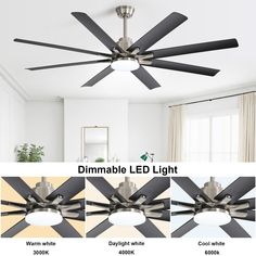 the dimmable led ceiling fan is shown in three different colors and features black blades