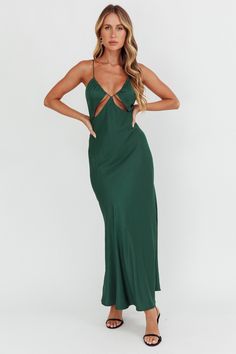 Casa Nova Cut-Out String Dress Emerald by Selfie Leslie Spring Bias Cut Maxi Dress For Night Out, Party Maxi Dress With Bias Cut, Cutout Maxi Dress For Date Night, Party Bias Cut Maxi Dress, Satin Maxi Dress For Date Night, V-neck Cutout Maxi Dress For Party, Green Satin Maxi Dress For Night Out, Green Floor-length Slip Dress For Party, Party Satin Maxi Dress