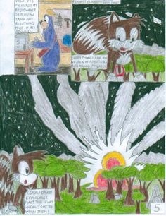 an image of a comic strip with animals and trees in the foreground, and another drawing on the back ground