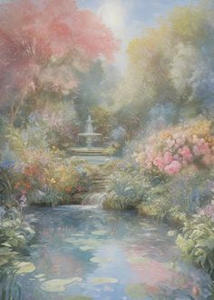 a painting of a garden with water and flowers