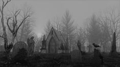 black and white photograph of cemetery with crows on headstones in foggy graveyard area