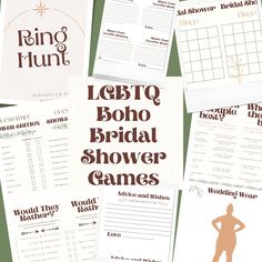 the bridal shower games are laid out on top of each other