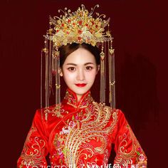 Gorgeous Chinese Bridal Crown Earrings Set Retro Wedding Tiara Hair Accessories  | eBay Chinese Headdress, Red Flower Headband, Chinese Bride, Bride Hair Jewelry, Wedding Tiara Hairstyles, Bride Head, Hair Accessories Pins, Bride Crown, Chinese Hair Accessories