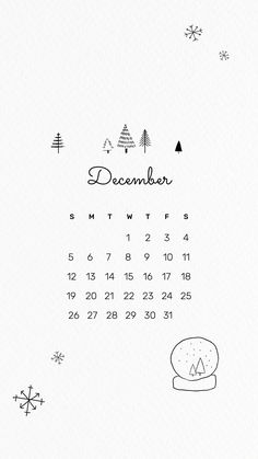 a calendar with the word december written in black and white on it, surrounded by snowflakes