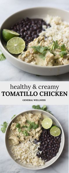 healthy and creamy tortilla chicken with black beans, cilantro, lime wedges