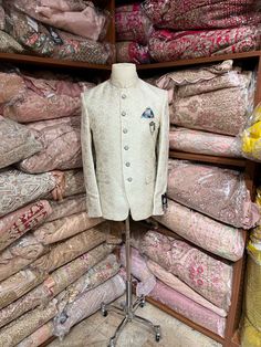 Classic Bandhgala aka Nehru Jacket. The Indian version of a suit Comes with matching trousers Crafted with a collar neckline, full sleeves, and front button closure. Occasion: Can be worn to events like Sangeet, Mehendi, & Wedding WASH CARE INSTRUCTIONS - Please Dry clean only when it is applicable. Slight color variation is possible due to digital photography. Necklace not included Mehendi Wedding, Banarasi Brocade, Mens Sherwani, Gold Pants, Nehru Jacket, Nehru Jackets, French Knots, Indo Western, Extra Fabric