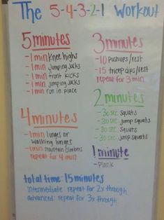 a white board with numbers and times for the 5 - 4 - 2 - 1 workout