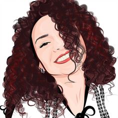 a drawing of a woman with curly hair and necklaces on her neck, smiling at the camera