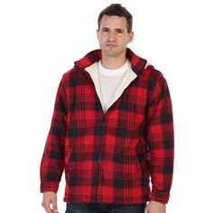 Outer Shell 100% Polyester Yarn Dyed Flannel, Lining: 100% Polyester Faux Shearling Lining, Quilted Polyester Lining in Sleeves, Removable Hood, Full Zipper Plaid Hooded Jacket For Winter Outdoors, Winter Plaid Hooded Jacket For Outdoor, Winter Outdoor Plaid Hooded Jacket, Red Fleece Jacket With Fleece Lining For Winter, Red Winter Fleece Jacket With Fleece Lining, Quilted Sleeves, Flannel Hoodie, Mens Sherpa, Active Jacket