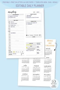 the editable daily planner printable is shown on top of a blue background and below it