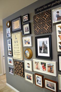 a wall with many pictures on it and the words great photo collage gray wall color below