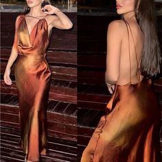 Nwt Zara Dress Sz Xs Midi Dress Satin Shine Material Rust Ochre Golden Sunset Drapey Plunge Neckline Partial Open Back Strappy Sexy Details New W Tags Some Pulls Of Fabric Shown From In Store / Try On Golden Brown Dress, Midi Dress Satin, Gold Satin Dress, Hoco Inspo, Bronze Dress, Formal Wedding Guests, Golden Sunset, Plunge Dress, Event Outfit