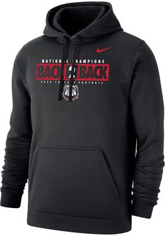 Put your Bulldogs spirit on display in this Georgia Bulldogs Long Sleeve Hoodie! You'll be cozy on game day in this Bulldogs Mens Black 2022 National Champions Hooded Sweatshirt. This Bulldogs Long Sleeve Hoodie features a screen print Georgias Bulldogs National Champions graphic on front chest. Wear your Georgia Bulldogs spirit with pride in this great Mens Hooded Sweatshirt! Soft brushed fleece, Tapered sleeves, Team color drawstrings on hood, Front kangaroo pocket, Center front team graphic, Basketball Long Sleeve, Custom Sportswear, Black Jordans, Jordan Basketball, Football Sweatshirt, Cincinnati Bearcats, Square Toe Boots, Hooded Sweatshirt Men, Champion Hoodie