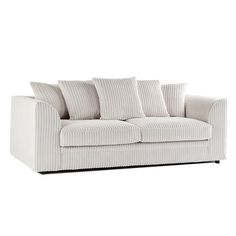 a white couch with four pillows on the back and one arm folded up in front