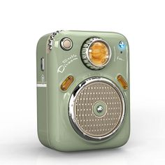 an old fashioned green radio is shown on a white background with clippings to the side