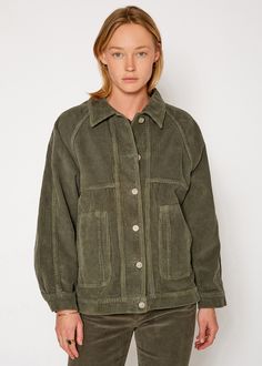 Classic Balloon Raglan Sleeves Utility Jacket In Sage Wash Contents: 99% Cotton, 1% Lycra Made in USA Blazer Jackets For Women, Baggy Shorts, American Denim, Jumpsuit Jacket, Chore Jacket, Kick Flares, Colored Denim, Utility Jacket, Green Jacket