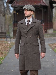 We have now 1 coat available - it's a beautifull brown herringbone tweed - see one of the pictures. If you choose this fabric, the price of 473 € is final. You don't have to pay additionally for the fabric. Size S - 90-95 cm chest Height: 178 - 185 cm   Ulster Coat is a classic style men's overcoat. We use 100% wool (tweed) or wool blend fabric Double-breasted Brown Wool Sport Coat, Fitted Double-breasted Tweed Jacket For Fall, Brown Tweed Jacket With Double Button Closure For Business, Brown Tweed Jacket With Notch Lapel And Double Button, Winter Brown Wool Coat With Double-breasted Buttons, Brown Wool Coat With Double-breasted Buttons For Winter, Double-breasted Herringbone Business Outerwear, Double-breasted Herringbone Outerwear For Business, Classic Double-breasted Tweed Jacket For Fall