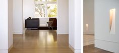 two photographs of the same room, one in white and one in black with wood flooring