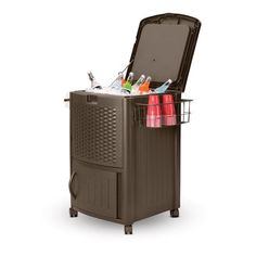 an outdoor cooler with its lid open and drinks in the bottom compartment on wheels, isolated against a white background