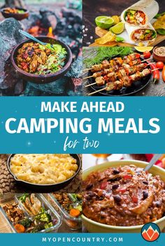 the cover of make ahead camping meals for two, including meats and vegetables on skewers