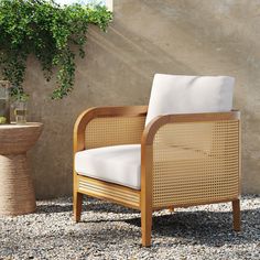 a wicker chair sitting next to a potted plant on top of a stone floor