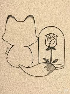 a drawing of a cat holding a rose in its paws with the letter d on it