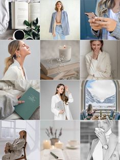 the collage shows many different images in white and grey colors, including one woman with her phone