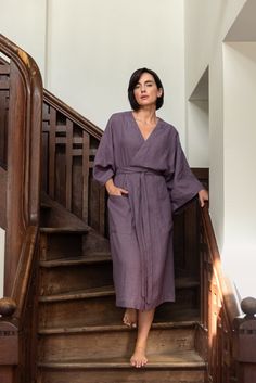 "PETRA robe in lavender color. * Three-quarter length kimono sleeves * Wrap tie belt (twice) * Without belt loops * With front pockets * Absorbent and fast drying DETAILS: * 100% linen ( pre-washed, medium weight). * This item is made from pre-washed medium weight linen, which means that it is soft and comfortable from the first wear. It has been certified by STANDARD 100 by OEKO-TEX and European Flax, ensuring that it is free from harmful substances and produced using environmentally friendly p Oversized Robe With Kimono Sleeves For Daywear, Oversized Kimono Sleeve Robe For Daywear, Robe With Relaxed Fit And Kimono Sleeves For Daywear, Relaxed Fit Robe With Kimono Sleeves For Loungewear, Loungewear Robe With Relaxed Fit And Kimono Sleeves, Robe For Women, House Dressing, Linen Kimono, Style Japonais