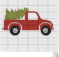 a red truck with a christmas tree on it's back is shown in the cross stitch pattern