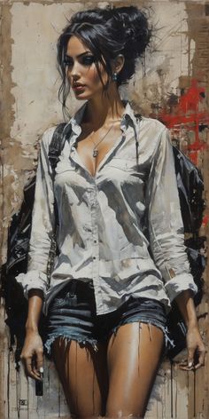 a painting of a woman in short shorts and a white shirt with her hair pulled back