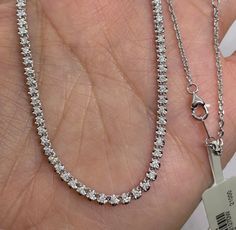 "Beautiful Genuine Diamond Necklace. Perfect piece for a bit of bling around the neck. Wear on its own or layer with other necklaces. Excellent craftsmanship, the diamonds are set nice and smooth. Simple and stylish necklace to wear with everything. 14K Chain has extra loop so you can wear at 18\", 17\", or 16\" lengths. About 2.5mm width. Genuine earth mined round brilliant cut diamonds Total weight: 1.52 carats Clarity: SI/I Color: G Solid 14K white (sold out) 14K Yellow gold 7.22 grams Comes Dazzling Round Diamond Necklace, Hallmarked, Hallmarked Round Dazzling Diamond Necklace, Dazzling Hallmarked Round Diamond Necklace, Hallmarked Diamond White Necklace With Round Cut, Dazzling Hallmarked Diamond Necklace For Anniversary, Hallmarked Diamond White Cubic Zirconia Diamond Necklace, Diamond Choker Necklace, Diamond Tennis Necklace, Diamond Choker