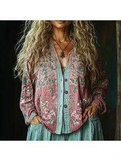 Elegant Tops, Women's Vintage Linen Flower Printed Shirt Spring Bohemian Button-up Tops, Bohemian Long Sleeve Floral Print Top, Bohemian Printed Button-up Top, Spring Bohemian Button-up Shirt, Bohemian Pink Shirt For Spring, Spring Bohemian Pink Shirt, Bohemian Button-up Tops With Relaxed Fit, Bohemian Style Button-up Tops With Relaxed Fit, Relaxed Fit Bohemian Button-up Tops