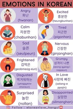 an image of the different emotions in korean characters and their meanings, with text below